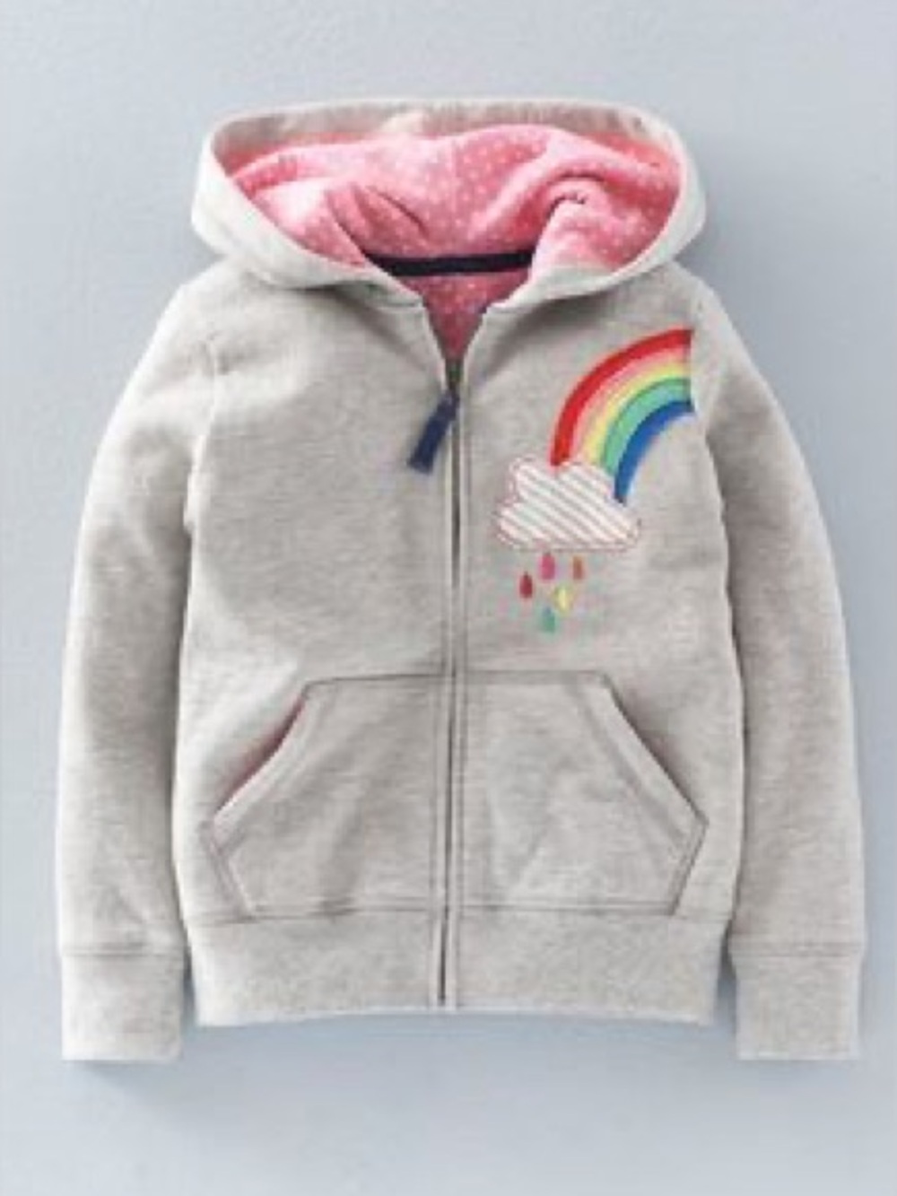 Mini Boden Girls Grey Marl Rainbow Cloud Appliqué Zip-Up Hoodie - size 11-12